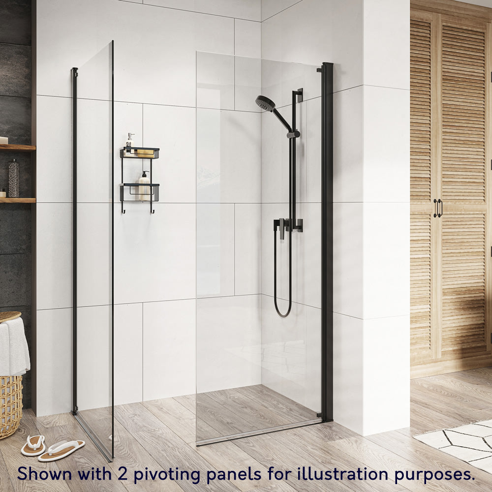 Roman Innov8 Pivoting Wet Room Shower Screen Panel, 800mm, frameless design with 180° pivoting action for easy access. Installed on a shower tray in a modern bathroom.