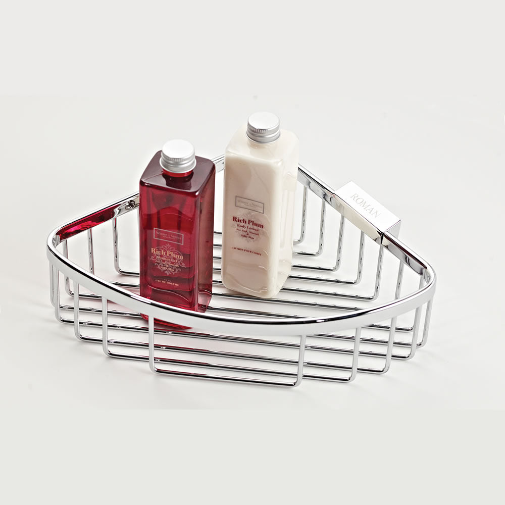 Roman Large Curved Corner Shower Basket in polished chrome finish, holding two bottles of shower products. Ideal for organizing bathroom essentials.