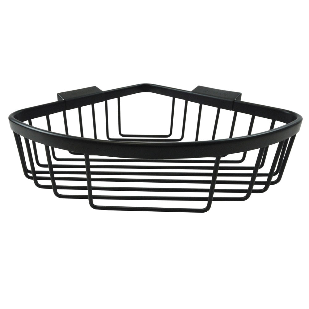 Roman Large Curved Corner Shower Basket in polished chrome finish, holding two bottles of shower products. Ideal for organizing bathroom essentials.