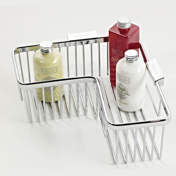 Roman Large 'L' Shaped Corner Shower Basket in polished chrome finish, designed for bathroom organization. Ideal for holding toiletries and backed by a 10-year guarantee.
