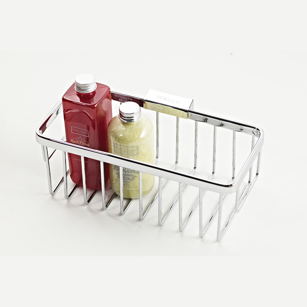 Roman Large Rectangular Shower Basket with chrome finish, ideal for storing soap and toiletries. Durable design backed by a 10-year guarantee.