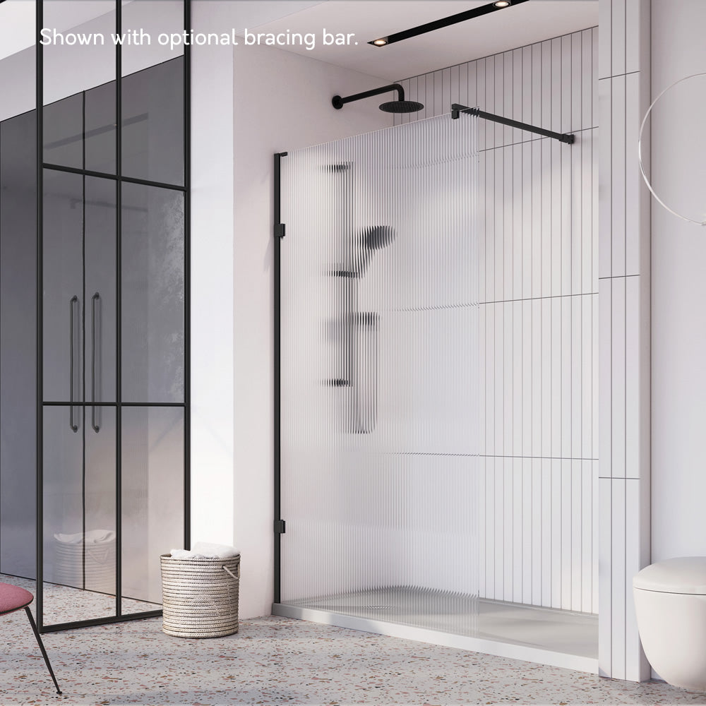 Roman Haven wetroom shower screen panel with fluted glass in a modern bathroom. Features an optional black bracing bar for stability.