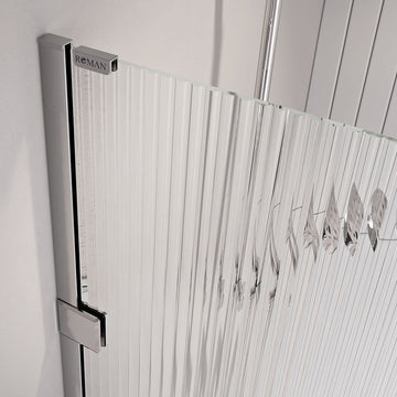 Close-up of Roman Haven wetroom shower screen panel with fluted glass and polished chrome finish, highlighting its sleek design.