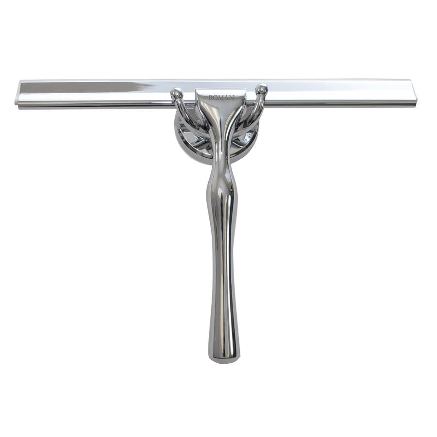 Roman Shower Blade Shower Screen Squeegee in polished chrome finish with ergonomic handle and wall-mounted hanger for easy storage.