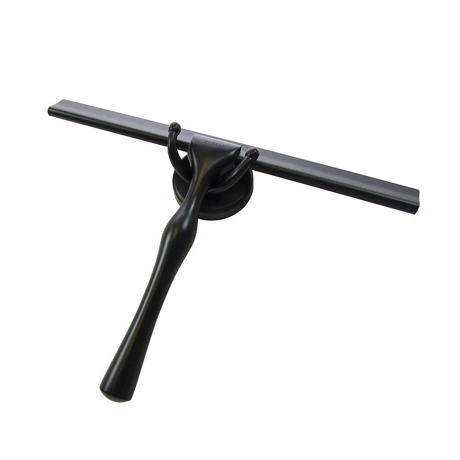 Roman Shower Blade Shower Screen Squeegee in polished chrome finish with ergonomic handle and wall-mounted hanger for easy storage.