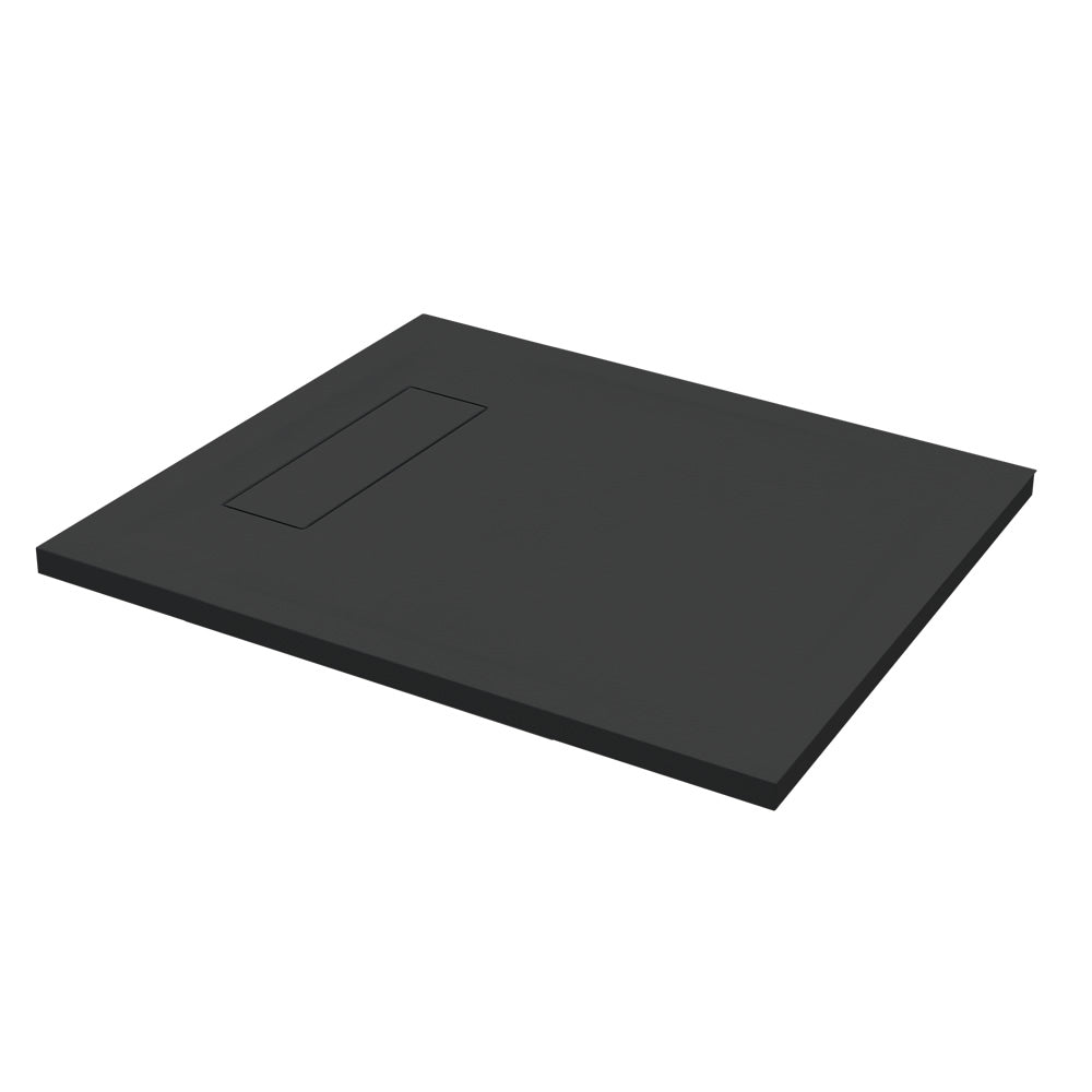 Roman Stone Infinity Slate Effect Shower Tray in black, 1400 x 900 x 35mm, with a durable gel coat finish and anti-slip surface for safety.