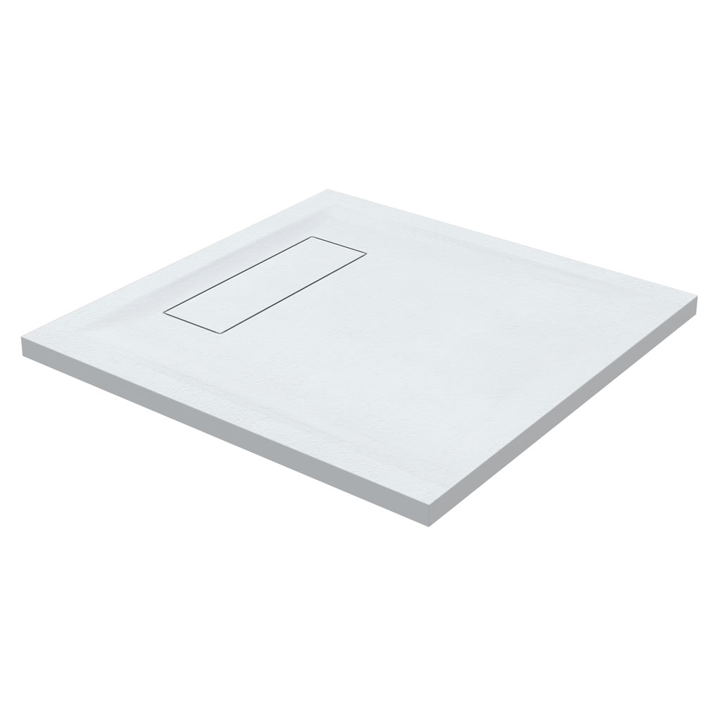 Roman Stone Infinity Slate Effect Shower Tray in white, 800 x 800 x 35mm, featuring a textured anti-slip surface with a sleek rectangular drain.