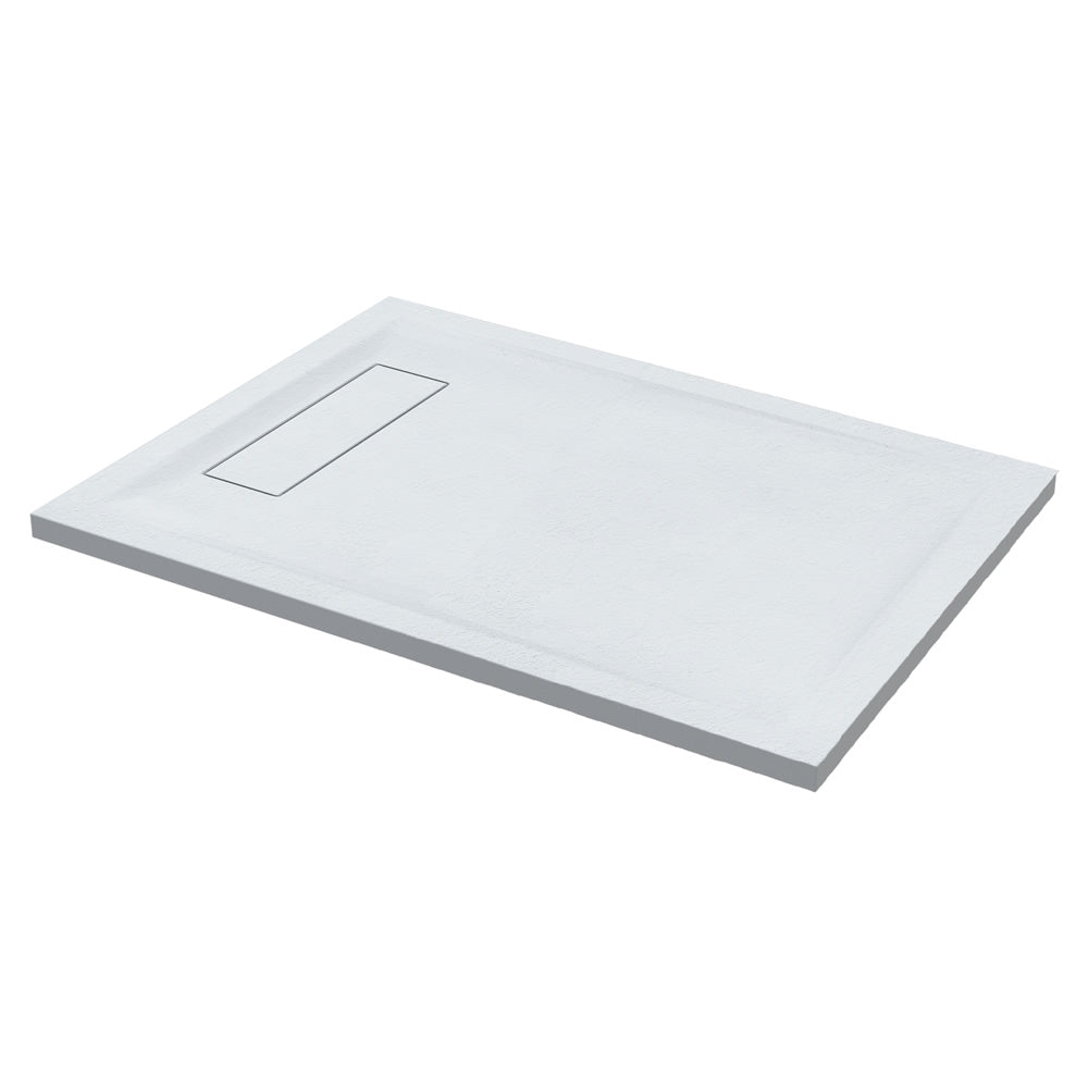 Roman Stone Infinity Slate Effect Shower Tray in white, featuring a textured anti-slip surface and a sleek rectangular design. Size 1600 x 800 x 35mm.