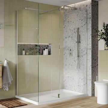 Scudo S8 Shower Screen Flipper / Return Panel in a tiled wetroom, featuring 6mm toughened glass and 180º pivot for easy access.