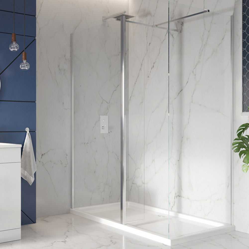 Scudo S8 shower screen panel in chrome finish with 2000mm height and 8mm toughened glass, installed in a modern wet room with marble walls.