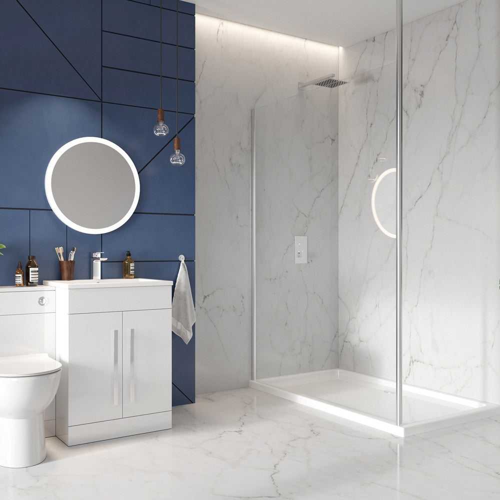 Scudo S8 shower screen panel in chrome finish with 2000mm height and 8mm toughened glass, installed in a modern wet room with marble walls.