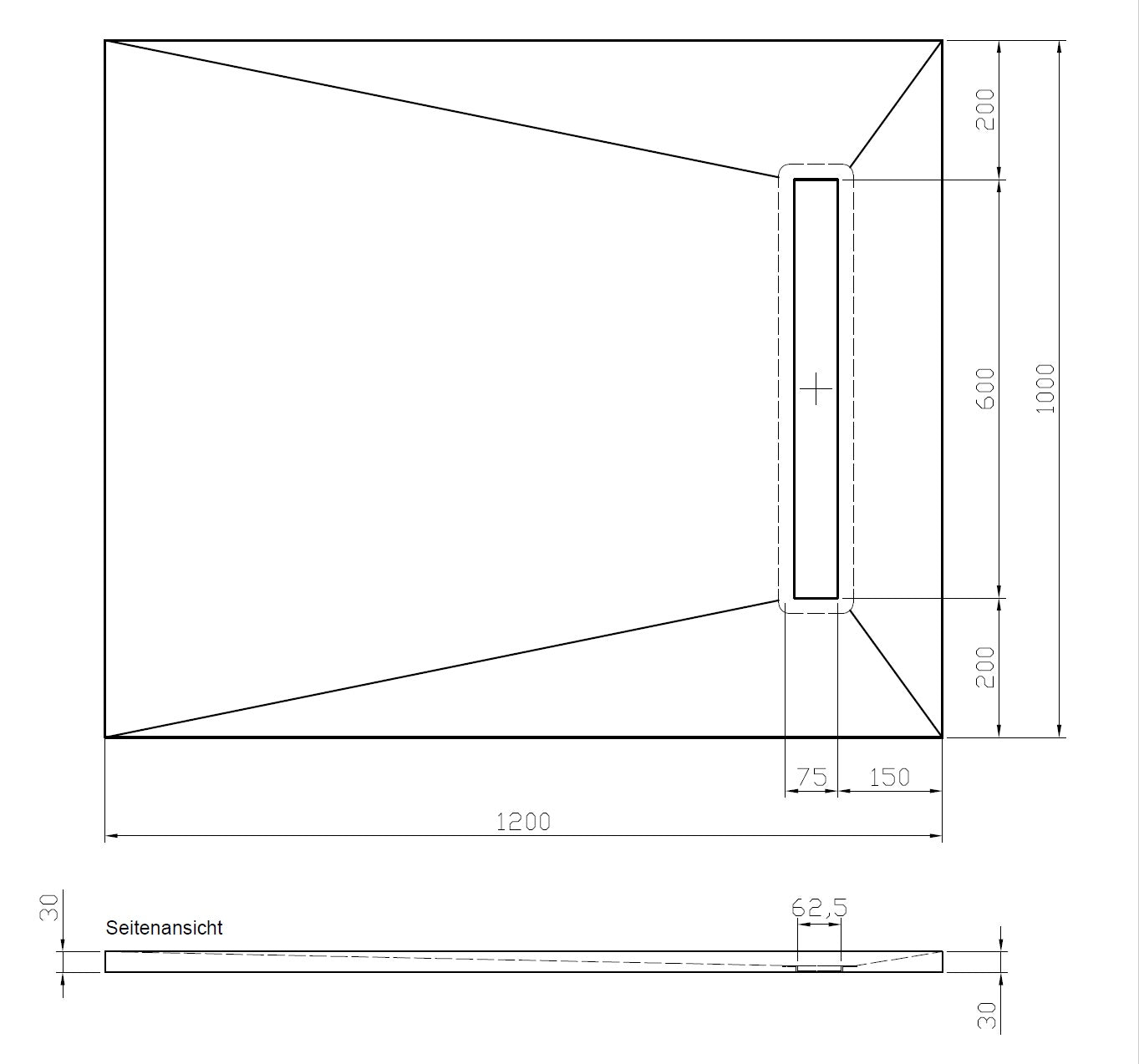 Technical drawing of WetBase® Linear Wetroom Shower Tray, 1200 x 1000mm, showing dimensions, drain position, and slope for efficient water drainage.