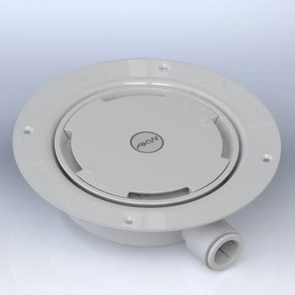 Sealed AKW Tuff Form8 shower waste with a white plastic cover, designed for compatibility with wet room installations.