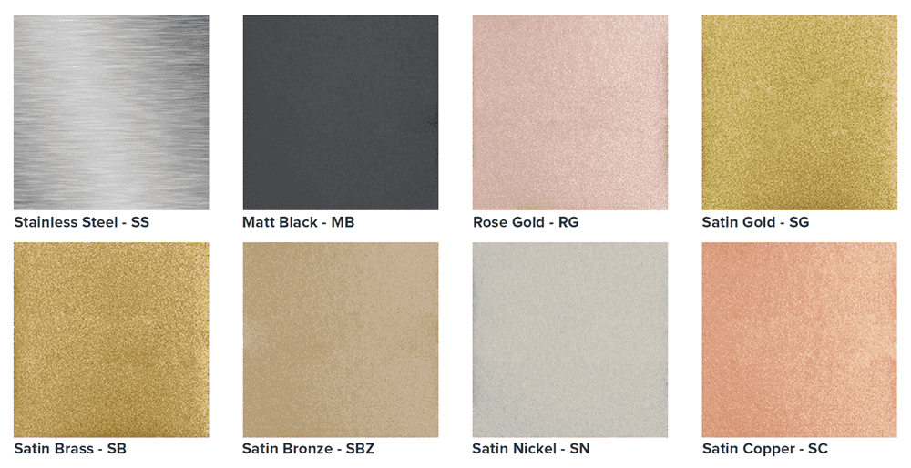 Scudo S8 Shower Screen Flipper / Return Panel finish options including Stainless Steel, Matt Black, Rose Gold, Satin Gold, and more.