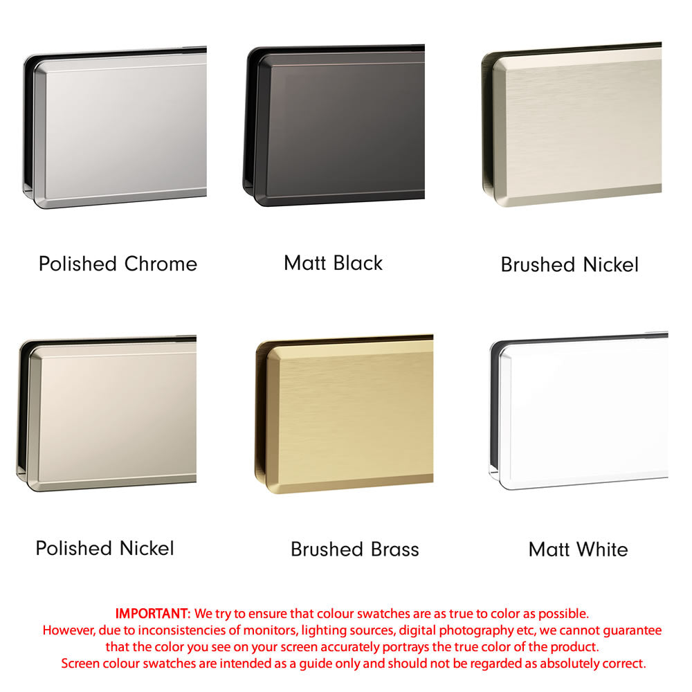 Color swatches for Roman Haven wetroom shower screen panel finishes, including polished chrome, matt black, brushed nickel, polished nickel, brushed brass, and matt white.