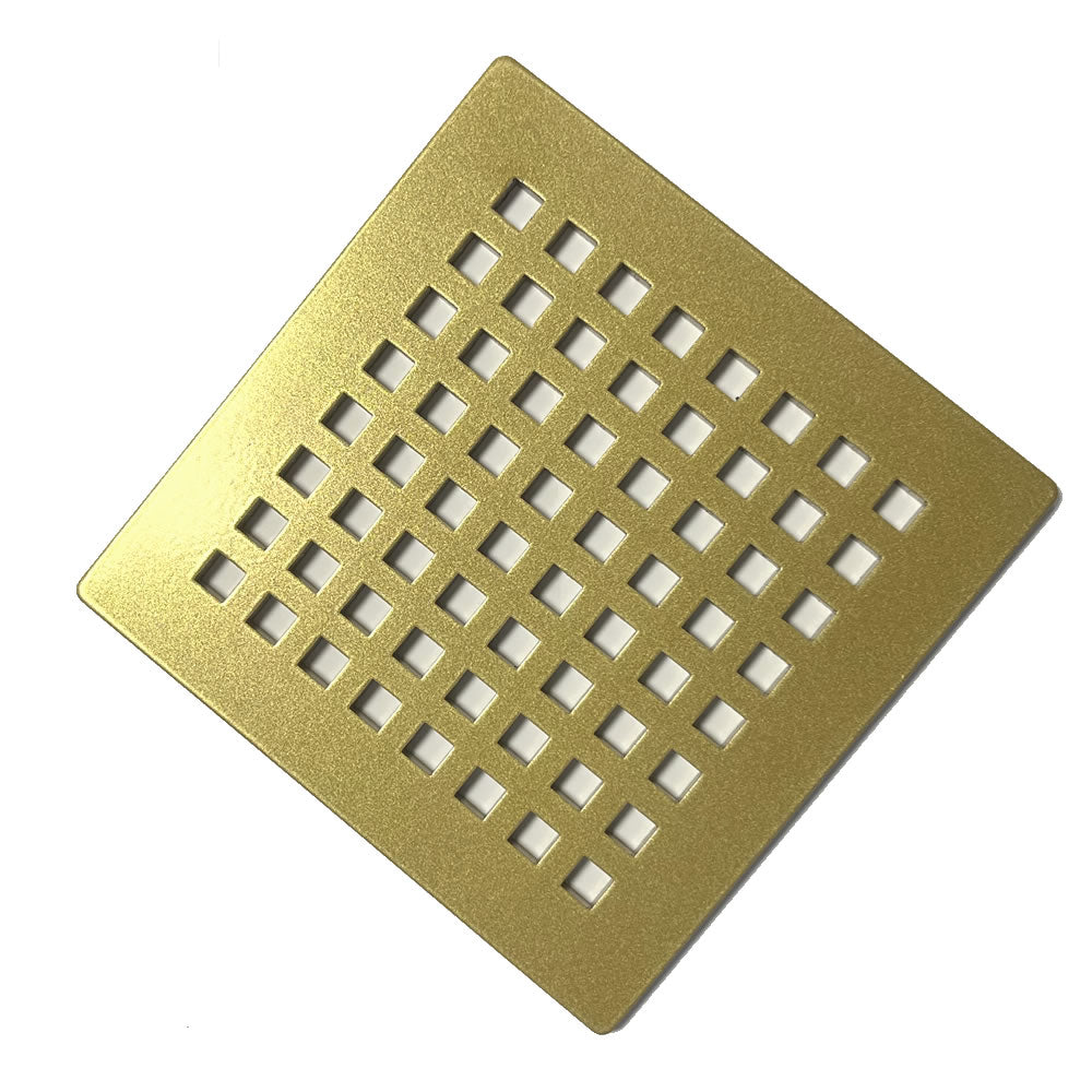 Octad Gold Gloss Shower Drain Grill Cover designed for DALLMER drains. Features a square perforated pattern with a luxurious gold gloss finish.