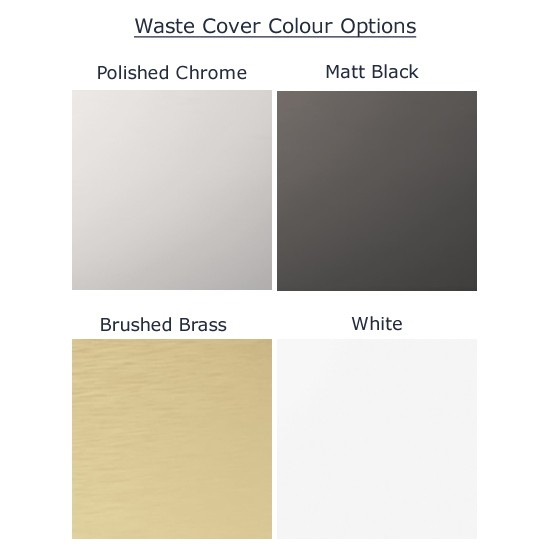 Waste cover color options for the Roman Solid Surface Shower Tray, available in Polished Chrome, Matt Black, Brushed Brass, and White.
