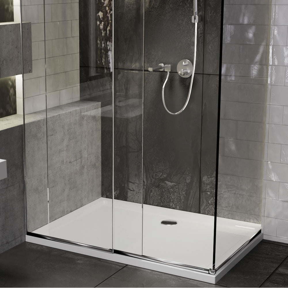 Roman Stone Solid Surface Anti Slip Shower Tray installed in a glass-enclosed shower, complementing a contemporary bathroom design.