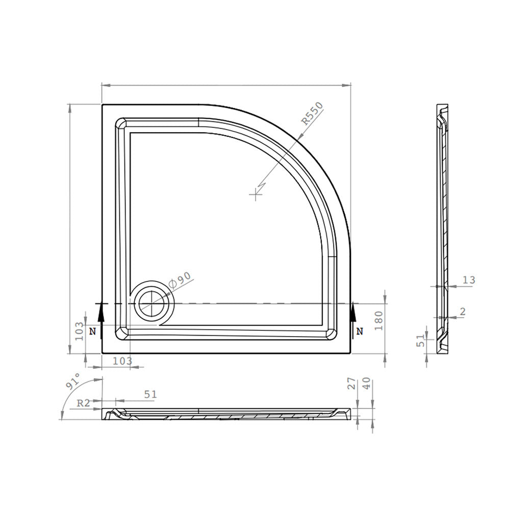 Technical drawing of the Roman Solid Surface Anti Slip Shower Tray, OS Quadrant 1200 x 900 x 40mm, showing dimensions and structural details.