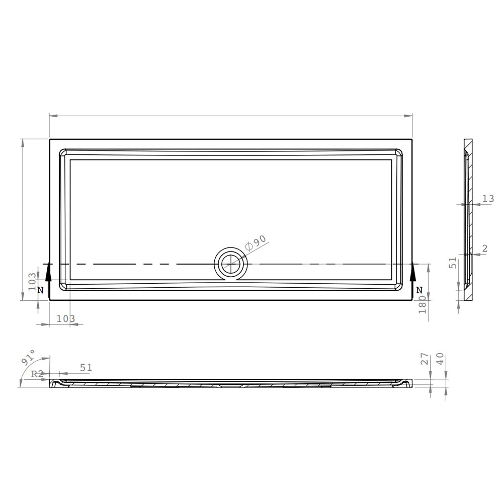 Technical drawing of the Roman Stone Solid Surface Anti Slip Shower Tray, showcasing dimensions and structural details for installation.