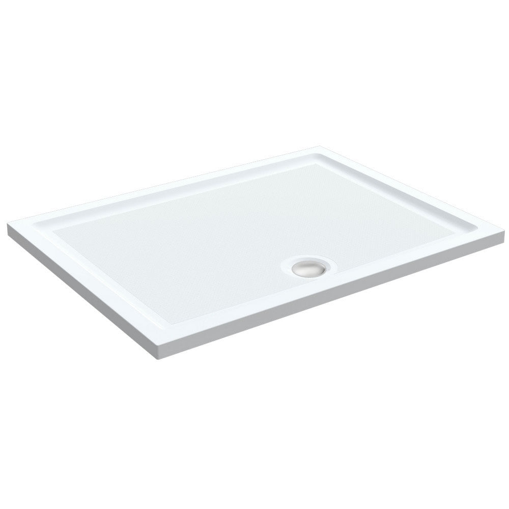 Roman Stone Solid Surface Anti Slip Shower Tray in white, measuring 1200 x 800 x 40mm. Features a low-profile design with a domed aluminium waste cover.