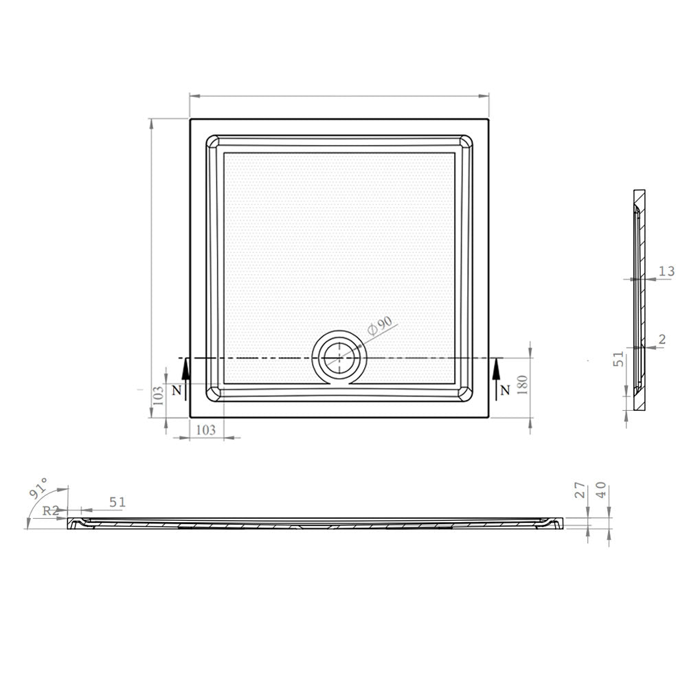 Technical drawing of the Roman Stone Solid Surface Anti Slip Shower Tray, displaying dimensions and structural details.