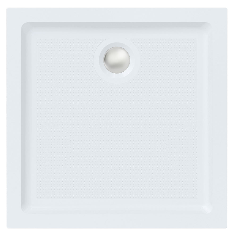 Roman Stone Solid Surface Anti Slip Shower Tray in white, measuring 800 x 800 x 40mm, with a domed aluminium waste cover.