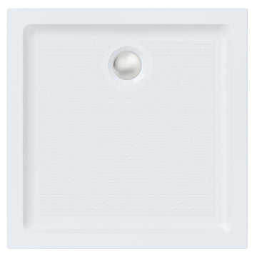 Roman Stone Solid Surface Anti Slip Shower Tray in white, featuring a square design with a domed aluminium waste cover. Size 760 x 760 x 40mm.