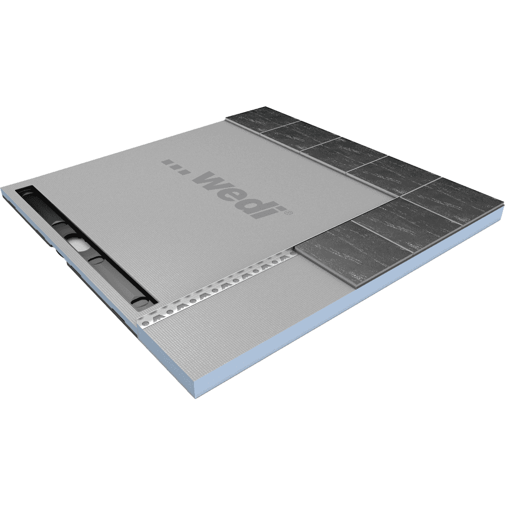 Side Slope Tile Profile integrated into WetBase® One Infinity system, demonstrating tile layout and drainage compatibility for wet room flooring.