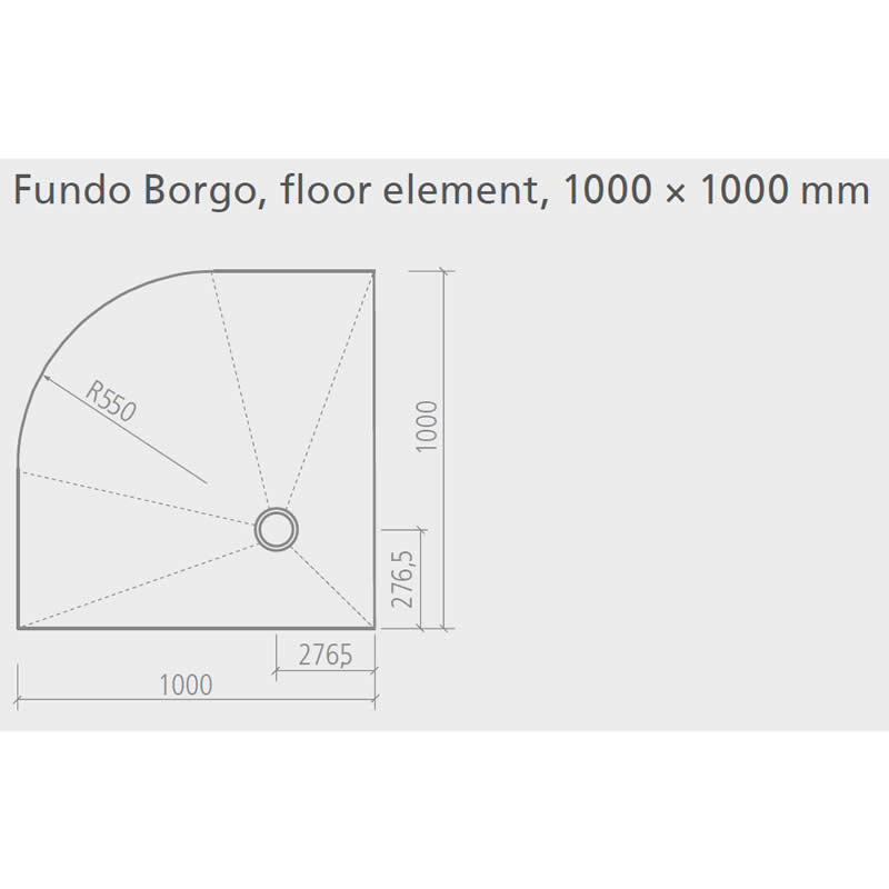 Wedi Fundo Borgo quadrant shower tray former, 1000 x 1000 x 40mm, with a corner drain. Designed for wet rooms, featuring a sloped surface for efficient drainage.