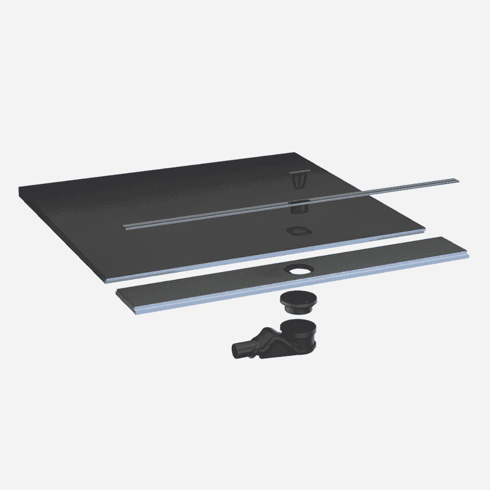 wedi Fundo Flex channel drain — colour-matched finishes