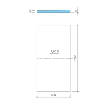 Technical drawing of wedi Fundo Sloping Board showing 1% slope, 600x1200mm dimensions, and 40mm to 46mm thickness for precise shower floor installation.
