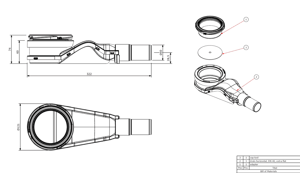 Technical schematic of WetBase® One Infinity siphon drain system showing dimensions and component breakdown for installation reference.