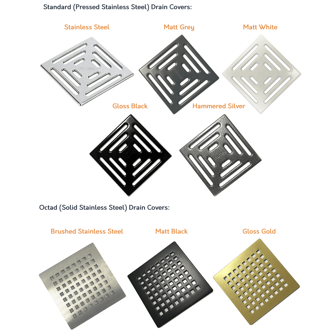 Various stainless steel and colored drain covers for WetBase.