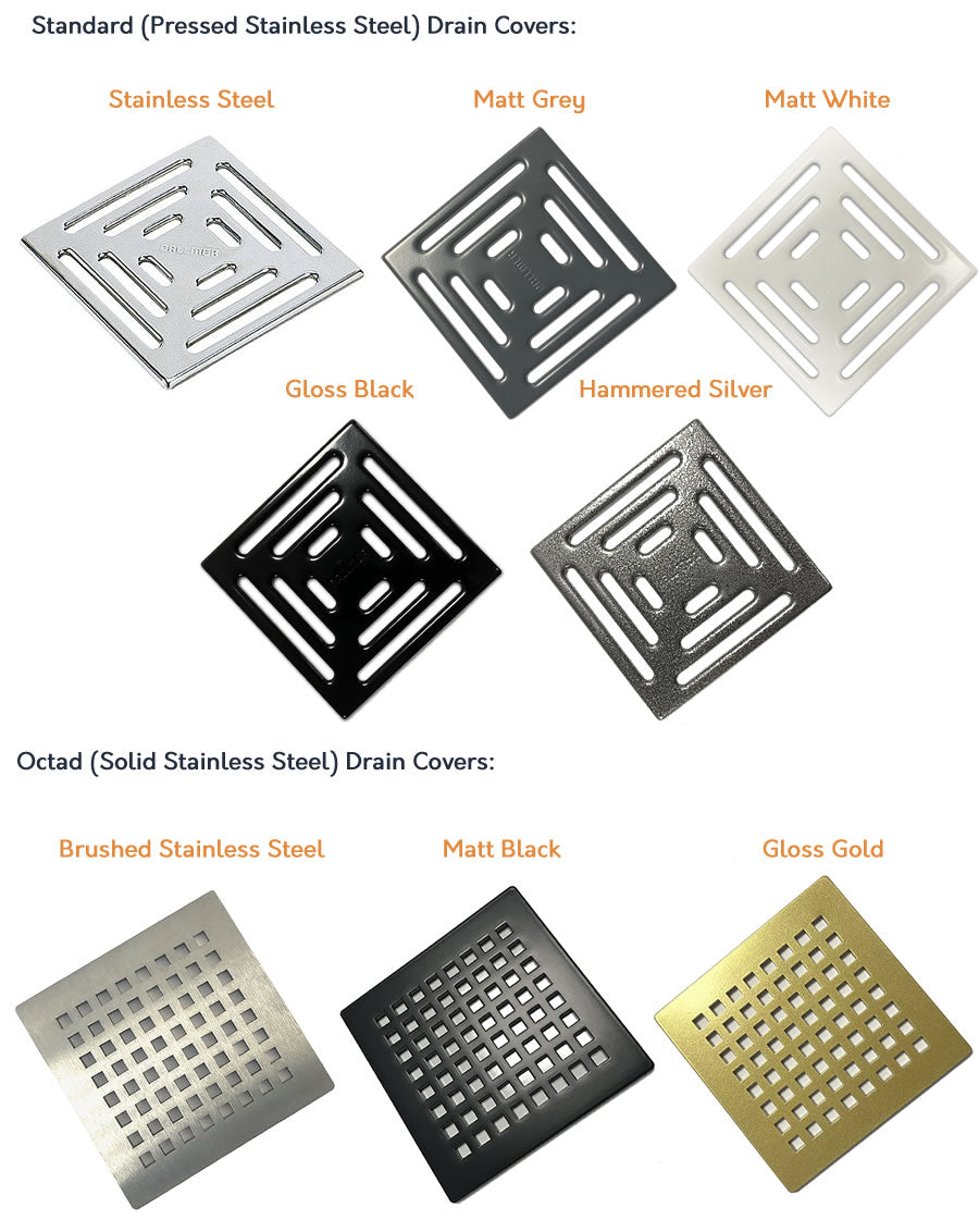 Selection of WetBase® standard and Octad drain covers in various finishes including stainless steel, black, white, and gold.