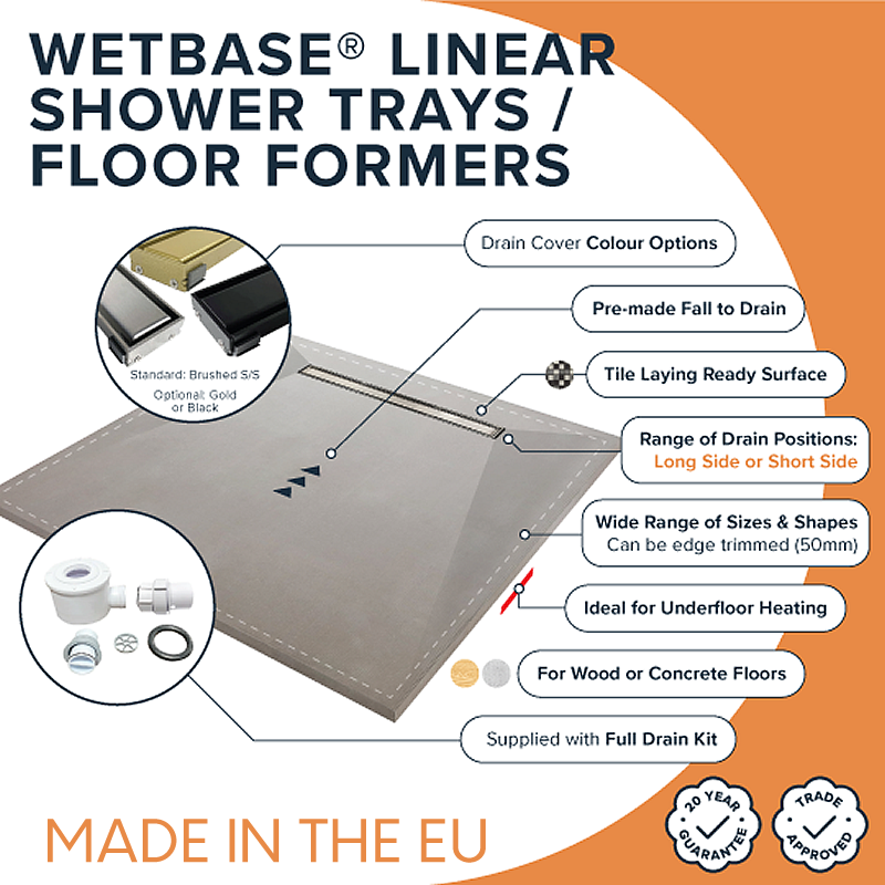 WetBase® Linear Wet Room Shower Tray Kit with reversible cover, 1000 x 800mm. High-quality tray with a fast-flow drain, ideal for tiled surfaces.