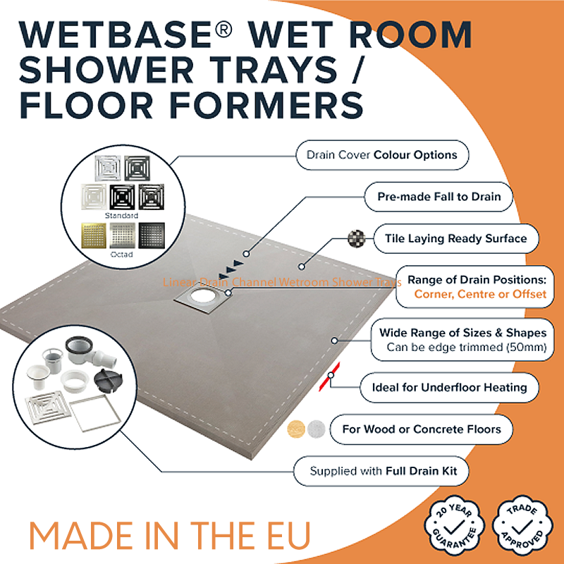 WetBase shower tray kit with center drain, 800x800mm.