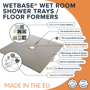 WetBase® wet room tray features including offset drain, tile-ready surface, and compatibility with underfloor heating for 1200 x 900mm shower kits.