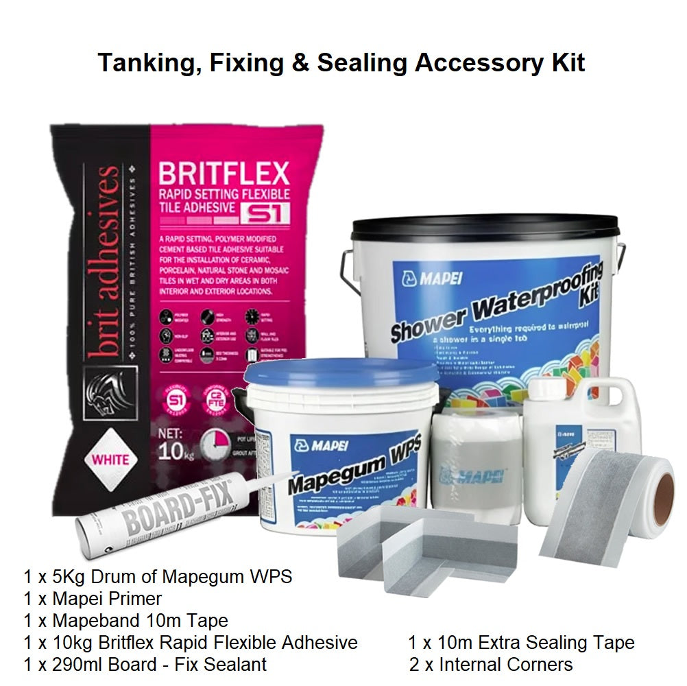 Tanking, Fixing & Sealing Accessory Kit for waterproofing wet rooms, including Mapegum WPS, Britflex adhesive, sealing tape, and primer.