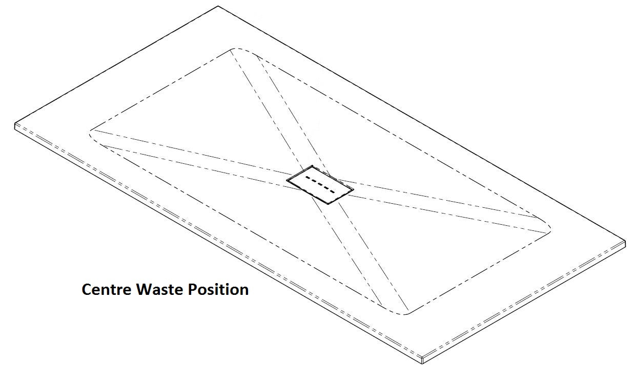 Technical diagram of the AKW Onyx Low Level Shower Tray showing the center waste position. Designed for level access with a sleek slate effect finish.