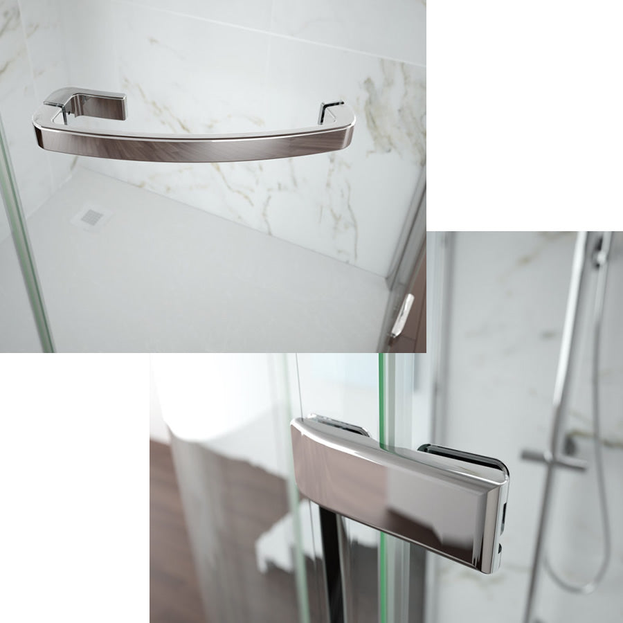 Close-up of chrome handle and hinge details on the Merlyn 8 Series Frameless 1 Door OFFSET Quadrant Shower Enclosure, showcasing premium finish.