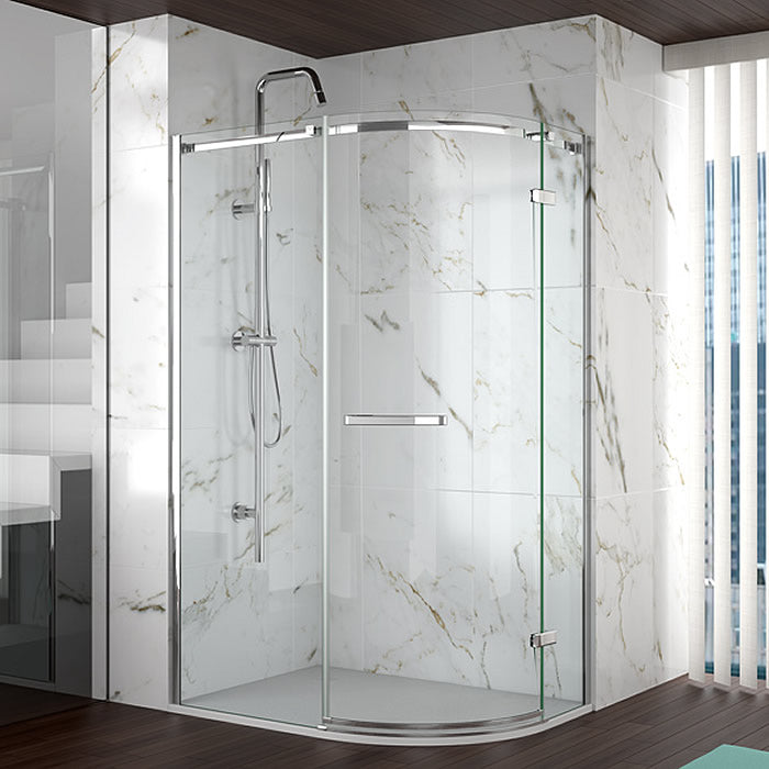 Merlyn 8 Series Frameless 1 Door OFFSET Quadrant Shower Enclosure with curved glass design and chrome fittings in a marble-tiled wet room corner.