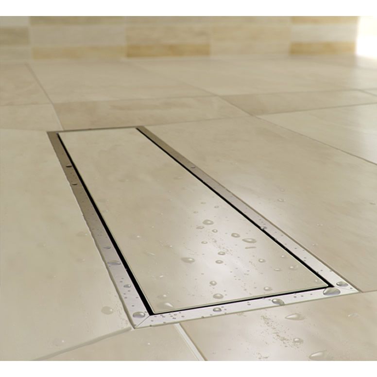 AKW Tri Form Linear Wet Room Tray with light tiles and water droplets