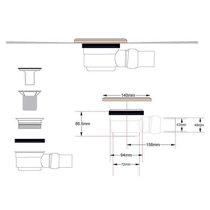 Detailed drain assembly diagram for WetBase® offset drain shower tray, showing measurements and installation components.