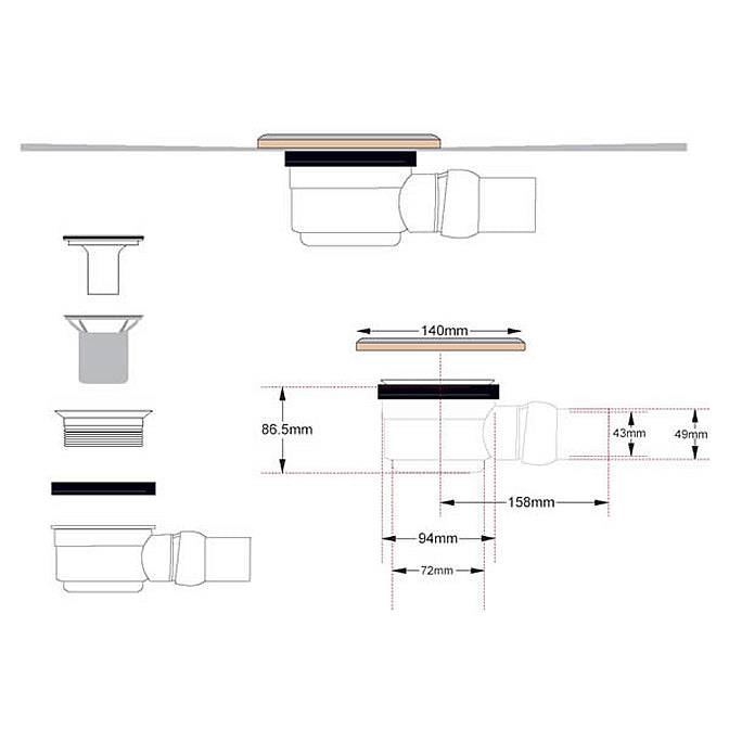 Technical drawing of shower drain assembly components.