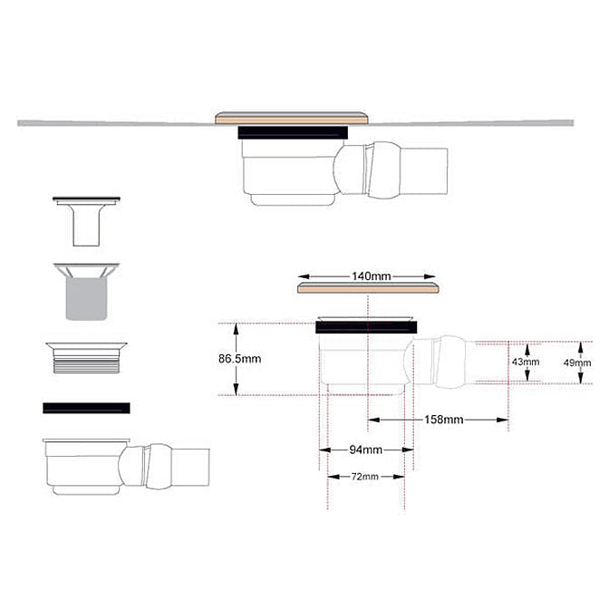Technical drawing of WetBase® shower tray drain system, detailing dimensions, installation components, and water flow structure.