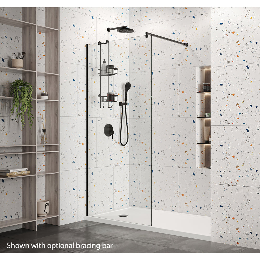 Roman Haven Wetroom Shower Screen Panel 900mm in matt black finish, installed in a contemporary bathroom with terrazzo tiles. Shown with optional bracing bar.