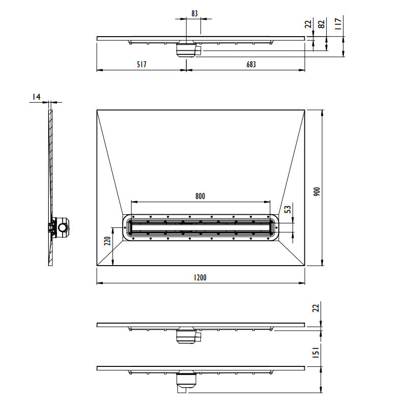 Technical drawing of Impey Aqua Dec Linear 4 Wet Room Tray 1200 x 900 x 22mm showing dimensions, drain position, and gradient layout.