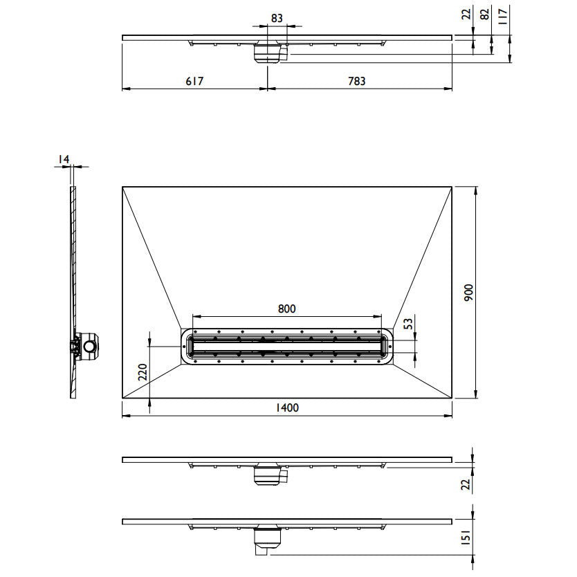 Impey Aqua Dec Linear 4: 1400 x 900 x 22mm