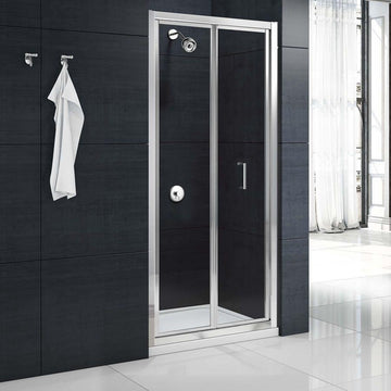 Merlyn MBOX Bifold Shower Door - LOFT Height 1800mm with a sleek chrome frame and toughened 4mm glass, ideal for compact bathrooms with height restrictions.